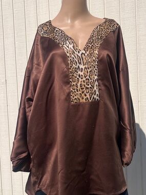 New York & Company Brown Satin Tunic with Leopard-Print V Inset